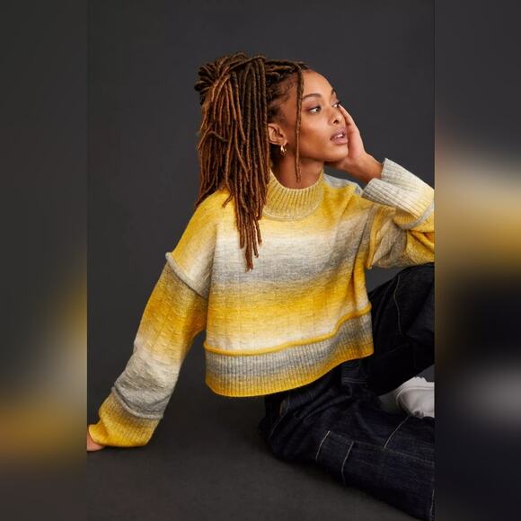 NEW Pilcro Cropped Mock-Neck Yellow and Gray Sweater - Picture 1 of 6